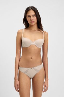 Microfibre thong with lace inserts, Light Beige