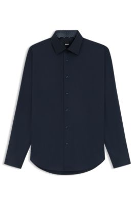 Regular-fit shirt in easy-iron stretch-cotton poplin, Dark Blue