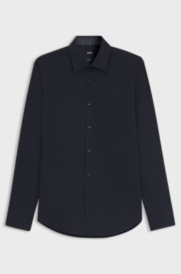 Regular-fit shirt in easy-iron stretch-cotton poplin, Dark Blue