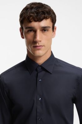 Regular-fit shirt in easy-iron stretch-cotton poplin, Dark Blue