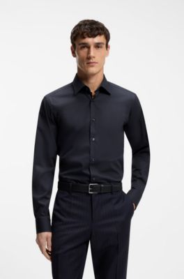 Regular-fit shirt in easy-iron stretch-cotton poplin, Dark Blue