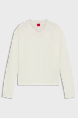 V-neck sweater in a wool blend with logo detail, Natural