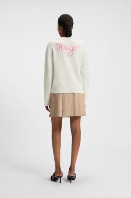 Jersey de cuello en pico en mezcla de lana con detalles de logotipo, Blanco