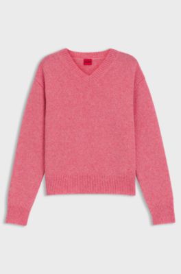 V-neck sweater in a wool blend with logo detail, Pink