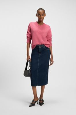 Jersey de cuello en pico en mezcla de lana con detalles de logotipo, Pink