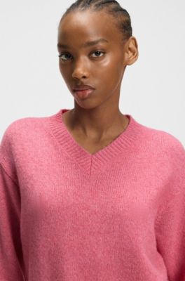 V-neck sweater in a wool blend with logo detail, Pink