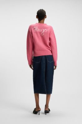 V-neck sweater in a wool blend with logo detail, Pink