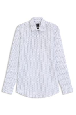 Camicia slim fit in cotone elasticizzato Oxford con stampa, Bianco a motivi