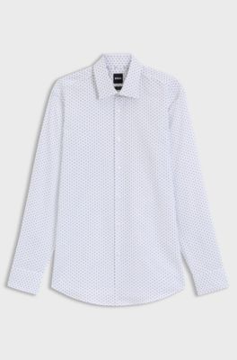 Slim-fit shirt in printed Oxford stretch cotton, White Patterned