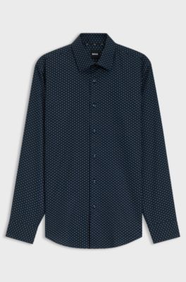Slim-fit shirt in printed Oxford stretch cotton, Blue Patterned