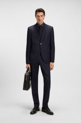 Slim-fit shirt in printed Oxford stretch cotton, Blue Patterned