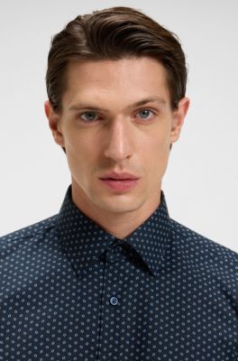 Slim-fit shirt in printed Oxford stretch cotton, Blue Patterned