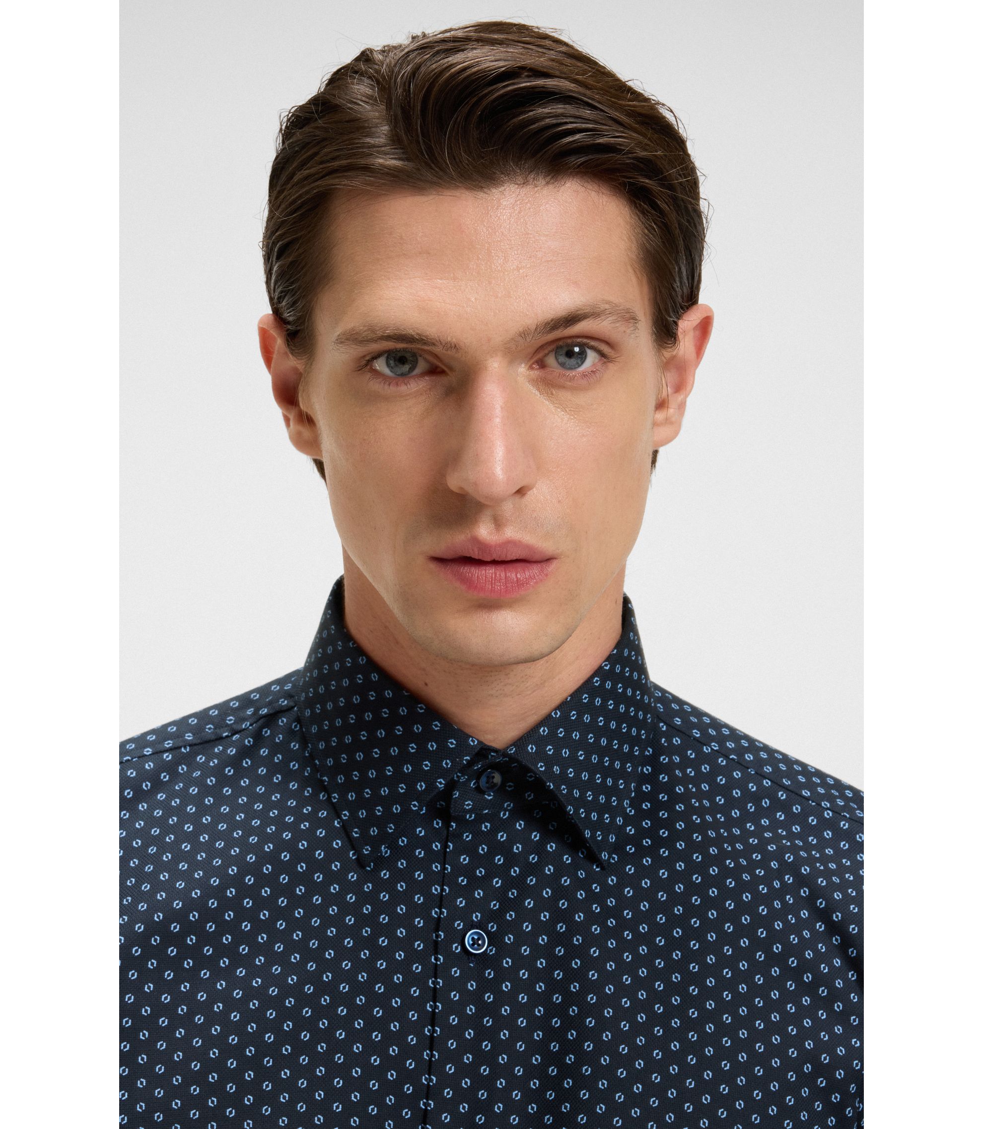 BOSS Slim-fit shirt in printed Oxford stretch cotton Blue