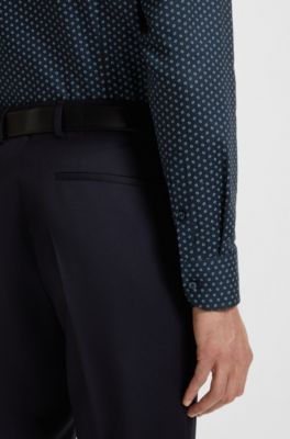Slim-fit shirt in printed Oxford stretch cotton, Blue Patterned