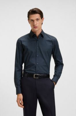 Slim-fit shirt in printed Oxford stretch cotton, Blue Patterned
