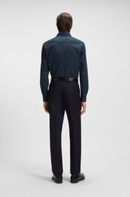 Slim-fit shirt in printed Oxford stretch cotton, Blue Patterned
