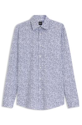 Slim-fit shirt in floral-print stretch-cotton poplin, Blue Patterned