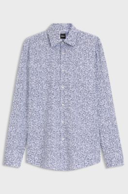 Slim-fit shirt in floral-print stretch-cotton poplin, Blue Patterned