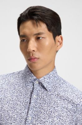 Slim-fit shirt in floral-print stretch-cotton poplin, Blue Patterned