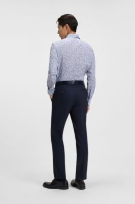 Slim-fit shirt in floral-print stretch-cotton poplin, Blue Patterned