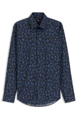 Regular-fit shirt in printed stretch-cotton poplin, Blue Patterned