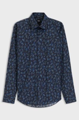 Regular-fit shirt in printed stretch-cotton poplin, Blue Patterned