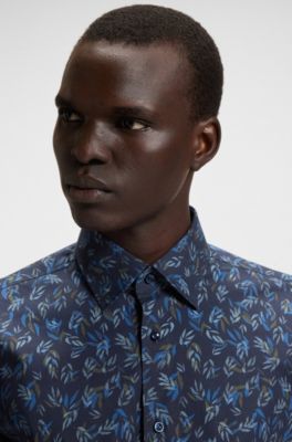 Regular-fit shirt in printed stretch-cotton poplin, Blue Patterned