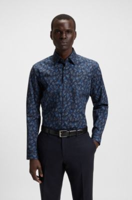 Regular-fit shirt in printed stretch-cotton poplin, Blue Patterned