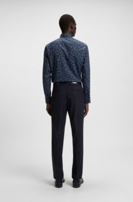 Regular-fit shirt in printed stretch-cotton poplin, Blue Patterned