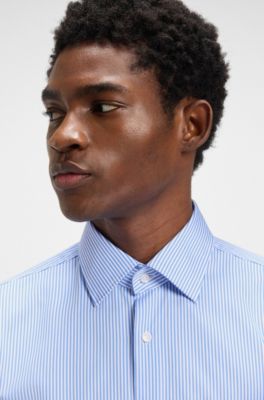 Slim-fit shirt in easy-iron striped cotton, Light Blue stripes