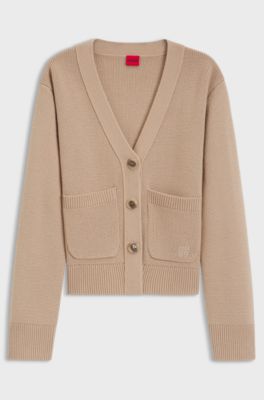 Wool-blend cardigan with embroidered logo, Beige