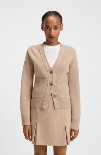 Wool-blend cardigan with embroidered logo, Light Brown