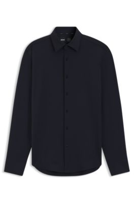Slim-fit shirt in structured performance-stretch jersey, Dark Blue