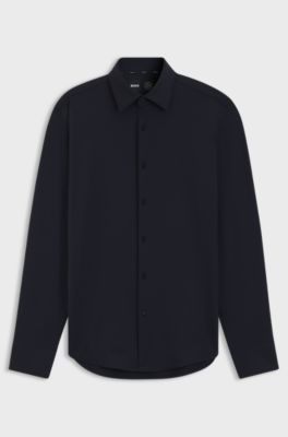 Slim-fit shirt in structured performance-stretch jersey, Dark Blue