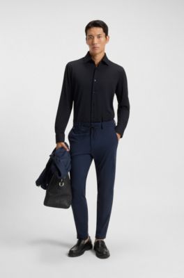 Slim-fit shirt in structured performance-stretch jersey, Dark Blue