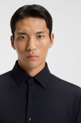 Slim-fit shirt in structured performance-stretch jersey, Dark Blue