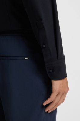 Slim-fit shirt in structured performance-stretch jersey, Dark Blue