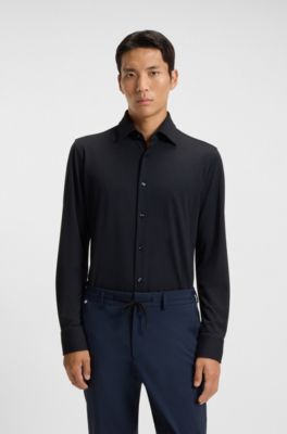 Slim-fit shirt in structured performance-stretch jersey, Dark Blue