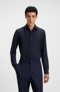 Camisa slim fit en punto técnico elástico con estructura, Azul oscuro