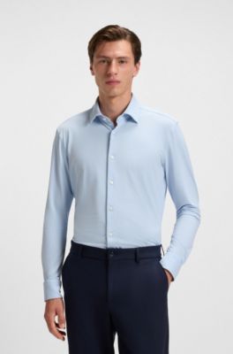 Slim-fit shirt in structured performance-stretch jersey, Light Blue