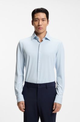 Slim-fit shirt in structured performance-stretch jersey, Light Blue