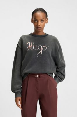 Cotton-terry sweatshirt with creative artwork, Black