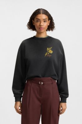 Cotton-terry sweatshirt with creative artwork, Black Patterned
