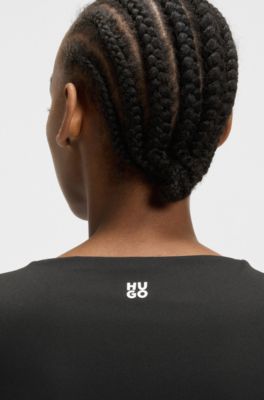 Top in jersey elasticizzato con stampa con logo scomposto, Nero