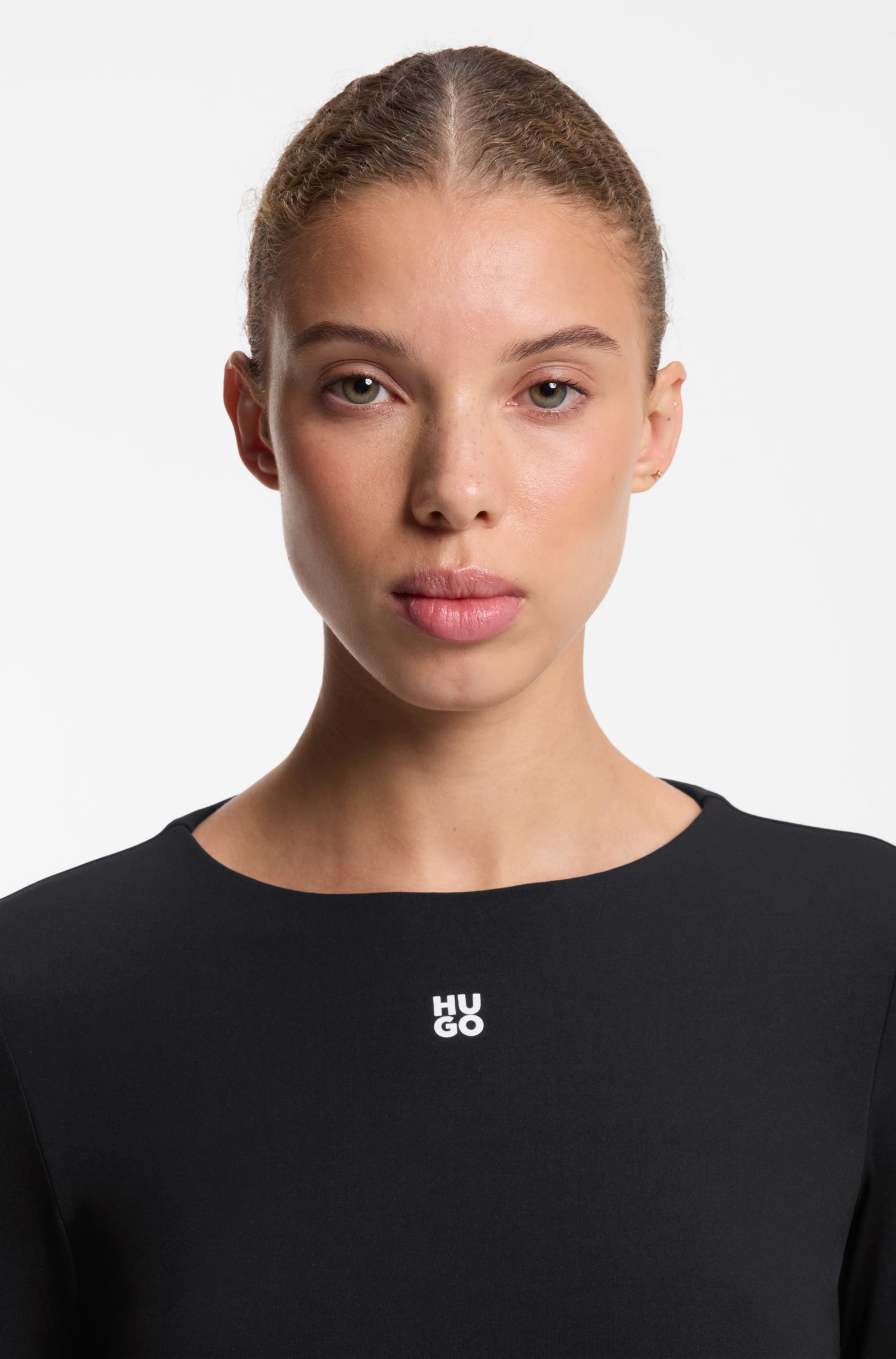 Hugo Stretch-jersey top with stacked-logo print t-shirts dam – bild 3