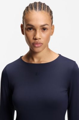 Top van stretchjersey met tweedelige logoprint, Donkerblauw