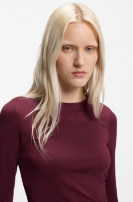 Top van stretchjersey met tweedelige logoprint, Bordeaux