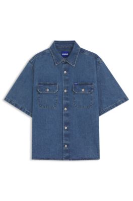 Camicia oversize in denim blu con cuciture a contrasto, Blu scuro