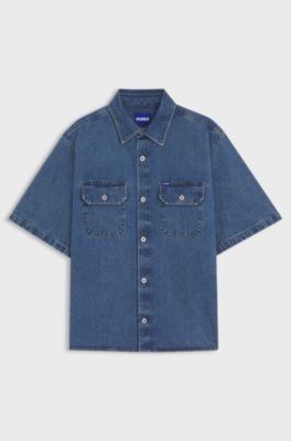 Oversize fit-skjorta i bl&aring; denim med kontrasts&ouml;mmar, M&ouml;rkbl&aring;