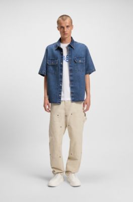 Oversize fit-skjorta i bl&aring; denim med kontrasts&ouml;mmar, M&ouml;rkbl&aring;
